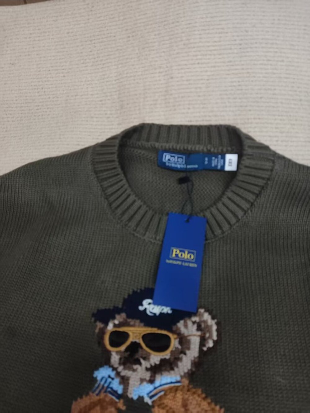 Size:S Polo Ralph Lauren Polo Bear Olive Green Knit Sweater - Picture 4 of 6